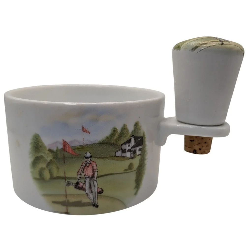 Liette Int‎ Wine Bottle Coaster and Stopper Hand Decorated Porcelain Golf Scene